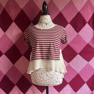maroon and cream striped pleated tee